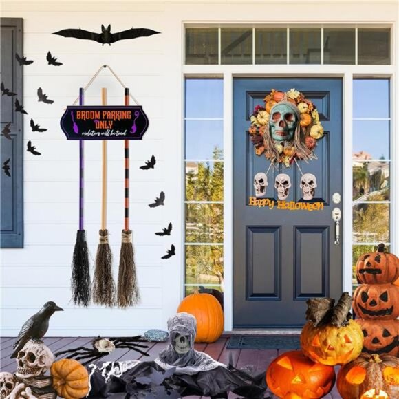 Porch Halloween Decorations - Halloween Broom Parking Sign with 3 Wooden Witches - Picture 3 of 7